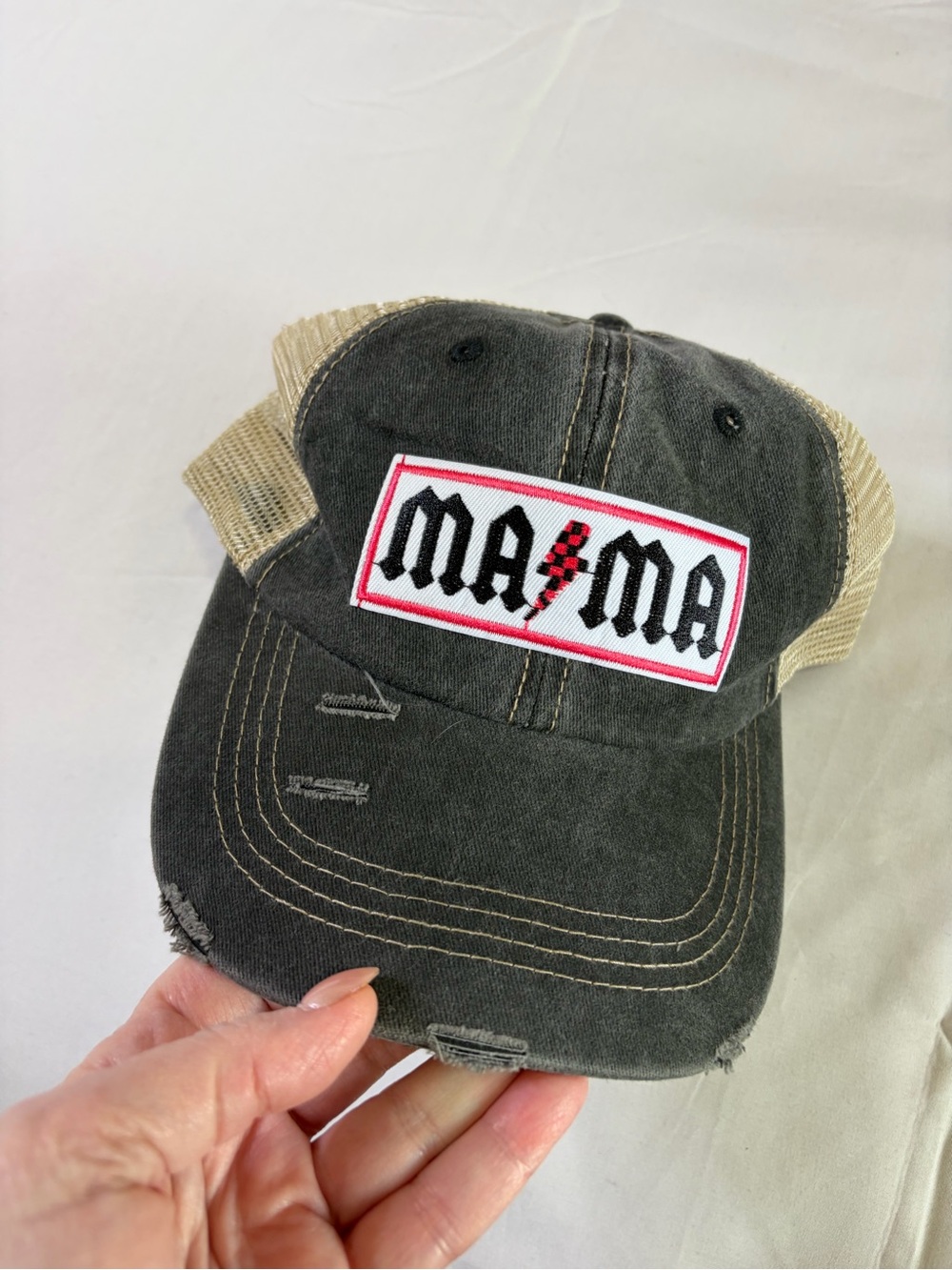 Mama Patch Distressed Trucker Hat - Black and Tan women’s baseball cap
